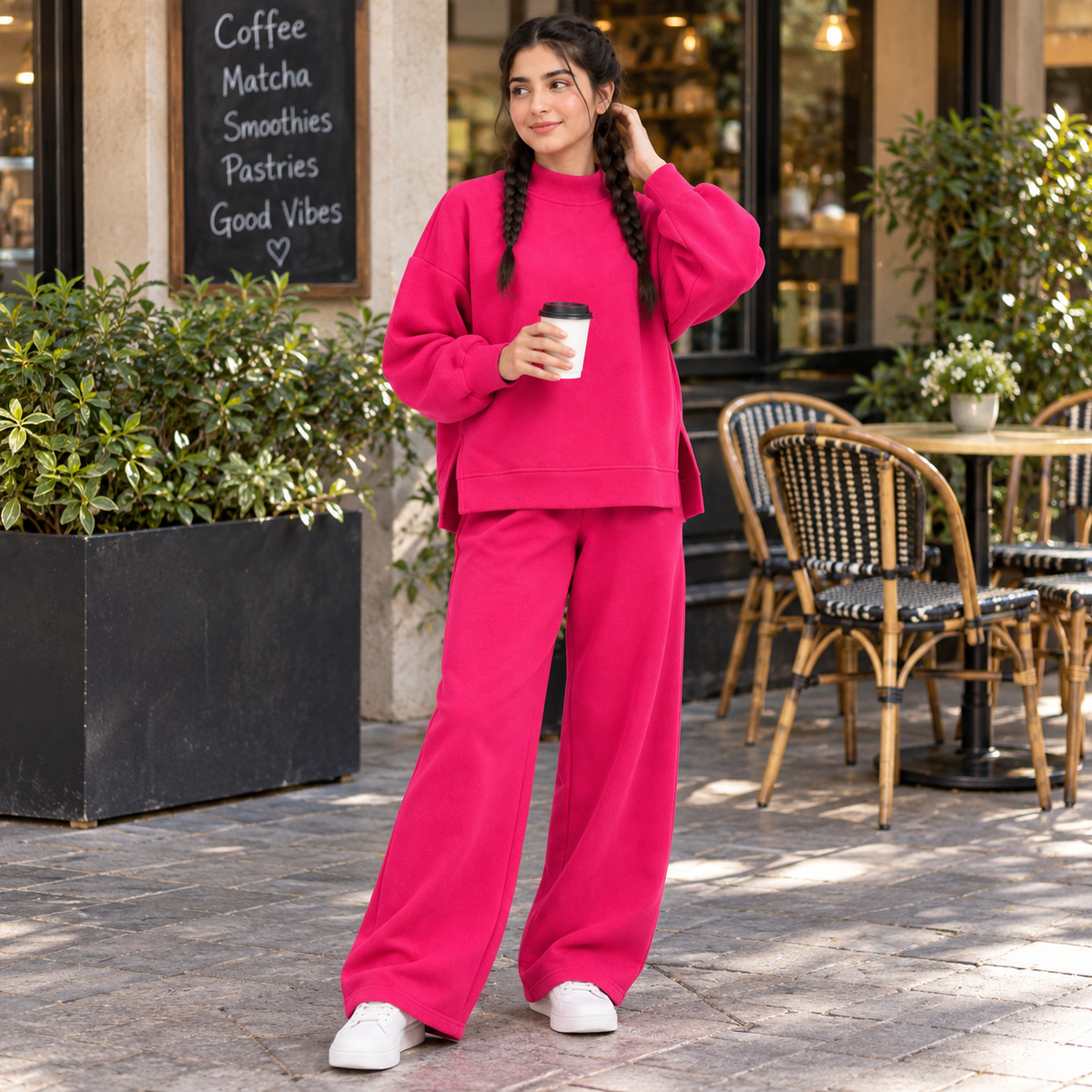 Minimalist Mockneck Side-Slit Sweatshirt & Wide-Leg Co-Ord Set – Hot Pink