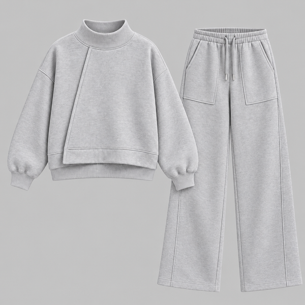 Women Asymmetric Panel Mockneck Co-Ord Set - Heather Grey
