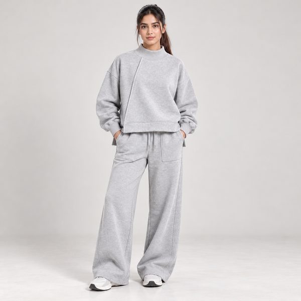 Women Asymmetric Panel Mockneck Co-Ord Set - Heather Grey