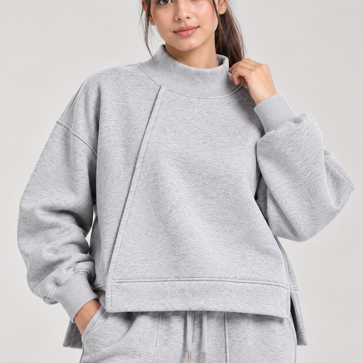 Women Asymmetric Panel Mockneck Co-Ord Set - Heather Grey