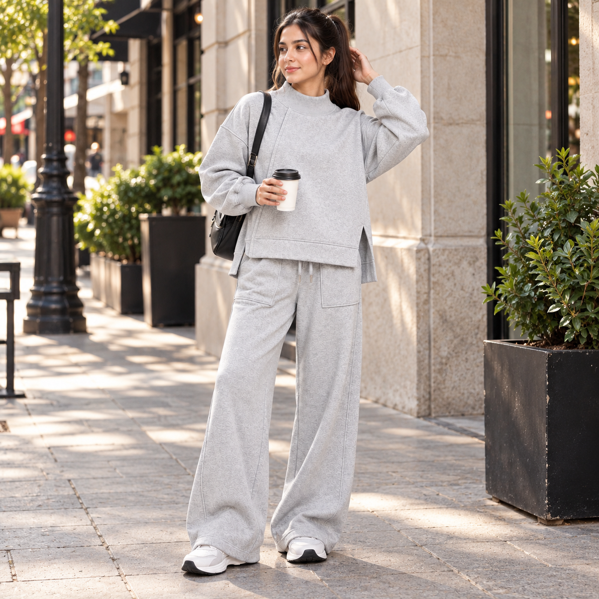 Women Asymmetric Panel Mockneck Co-Ord Set - Heather Grey