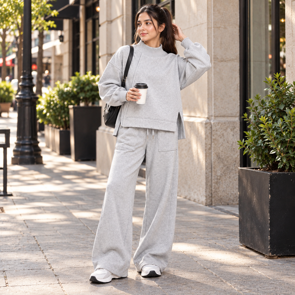 Women Asymmetric Panel Mockneck Co-Ord Set - Heather Grey