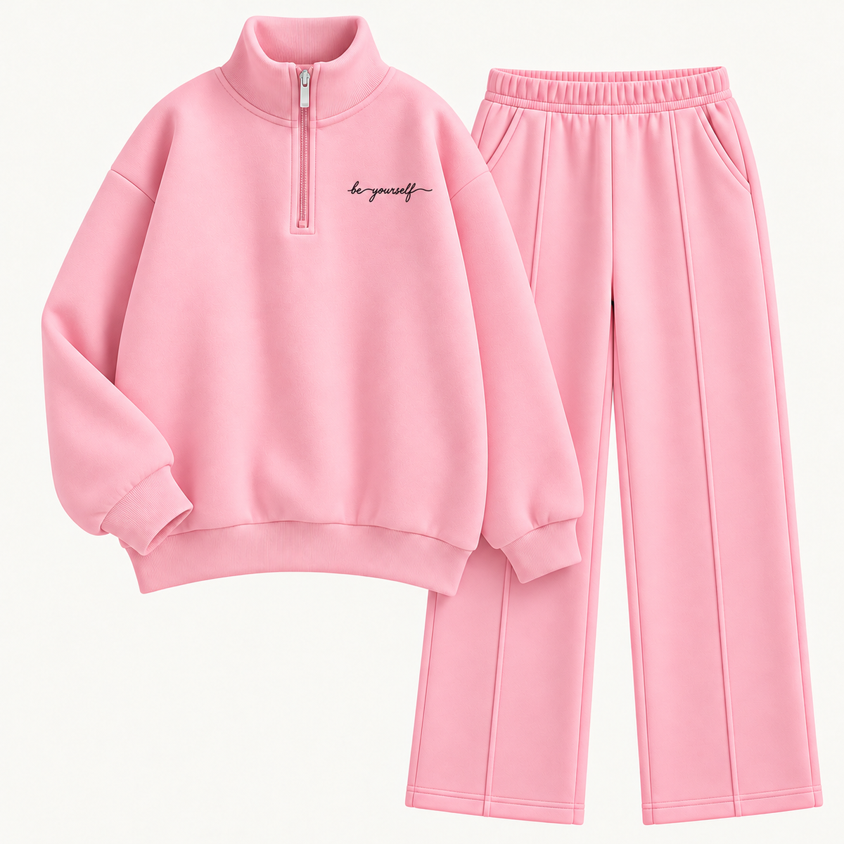 "Be Yourself" Script Quarter-Zip & Wide-Leg Co-Ord Set – Baby Pink
