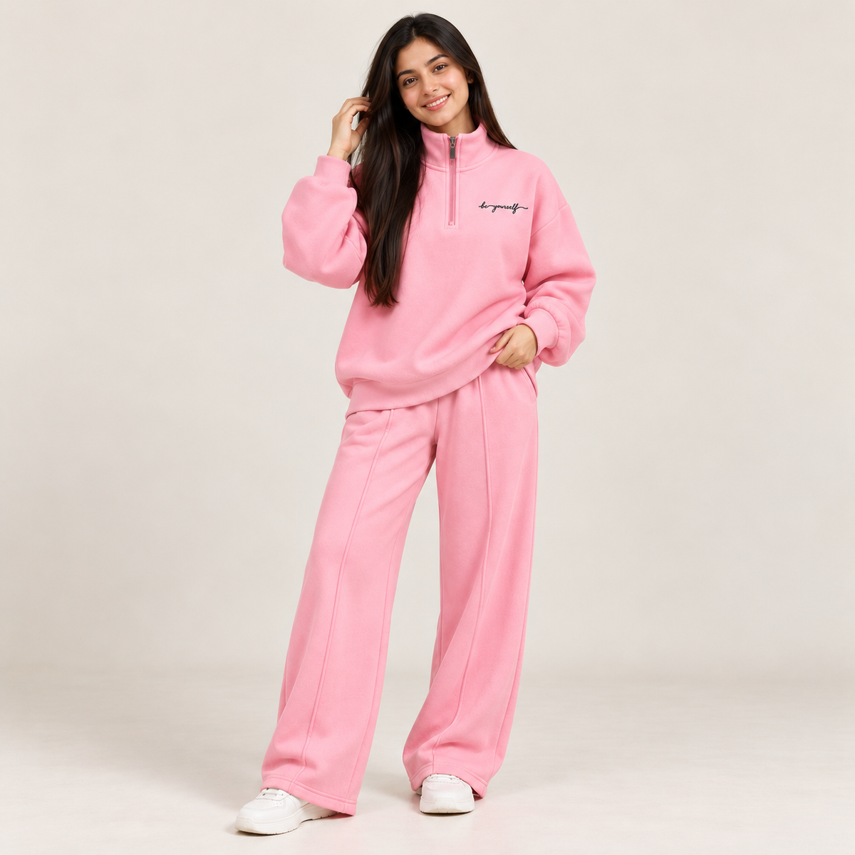 "Be Yourself" Script Quarter-Zip & Wide-Leg Co-Ord Set – Baby Pink