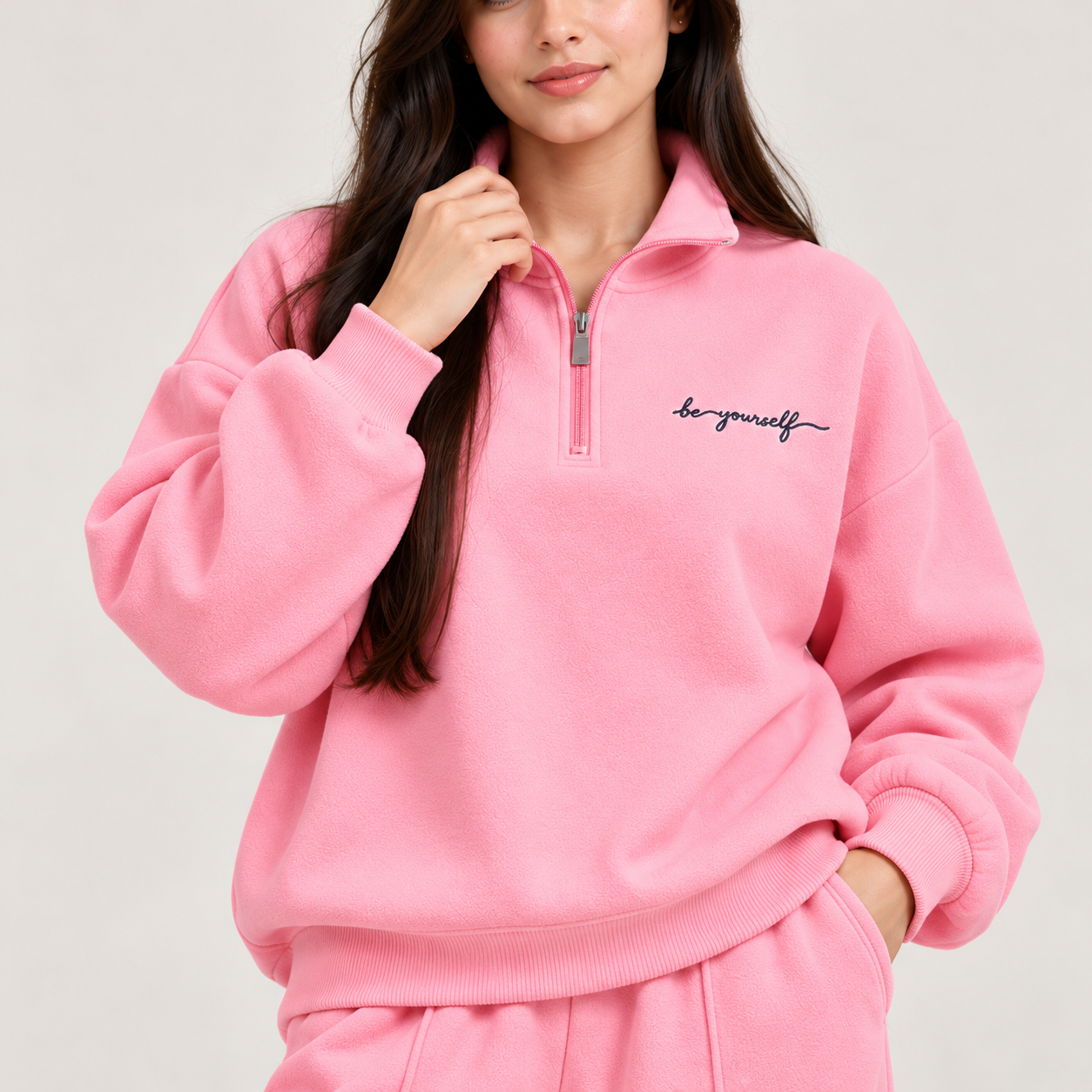 "Be Yourself" Script Quarter-Zip & Wide-Leg Co-Ord Set – Baby Pink Secondary image