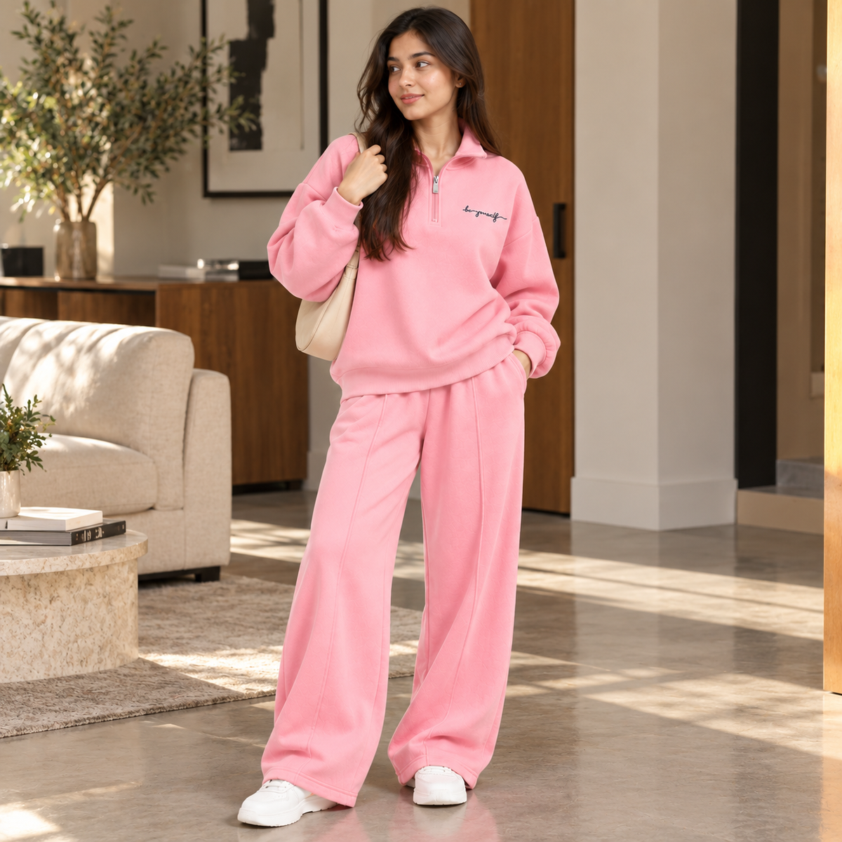 "Be Yourself" Script Quarter-Zip & Wide-Leg Co-Ord Set – Baby Pink