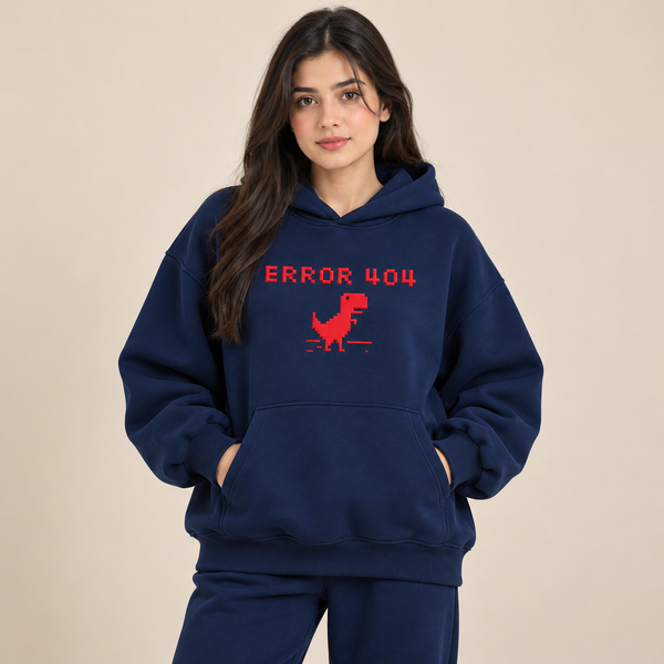 Error 404 Pixel Dinosaur Print Graphic Hoodie – Navy Blue