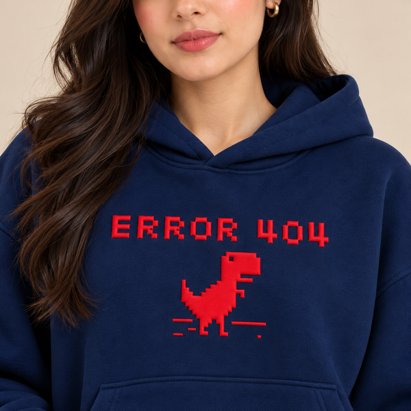 Error 404 Pixel Dinosaur Print Graphic Hoodie – Navy Blue