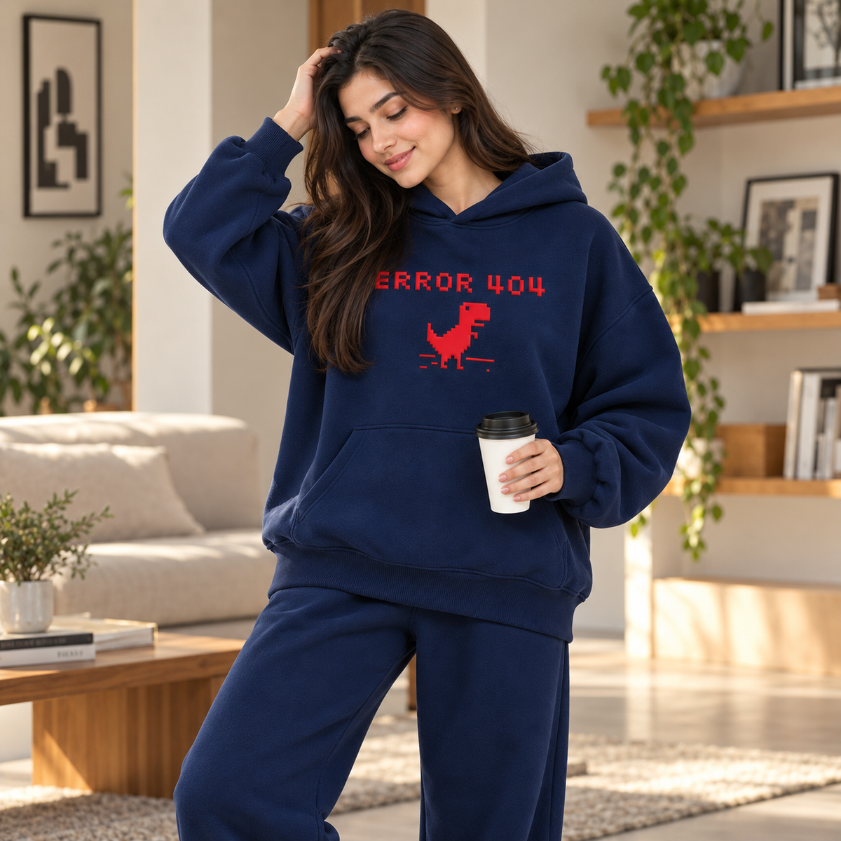 Error 404 Pixel Dinosaur Print Graphic Hoodie – Navy Blue